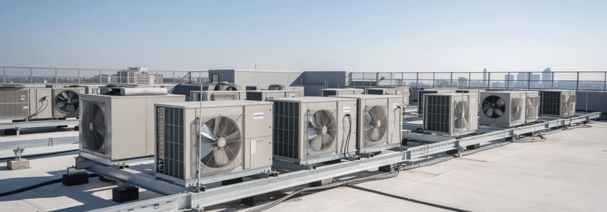 The image depicts a commercial building rooftop featuring several large HVAC rooftop units positioned under a clear blue sky. These commercial HVAC systems are essential for maintaining temperature and energy efficiency in the building, ensuring optimal air quality and comfort for its occupants.