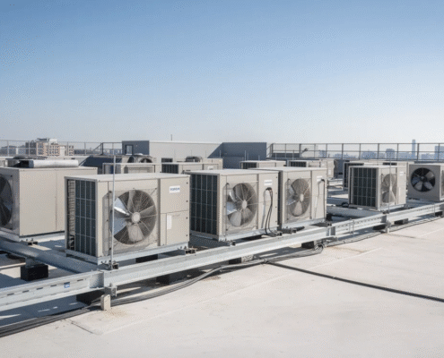 The image depicts a commercial building rooftop featuring several large HVAC rooftop units positioned under a clear blue sky. These commercial HVAC systems are essential for maintaining temperature and energy efficiency in the building, ensuring optimal air quality and comfort for its occupants.