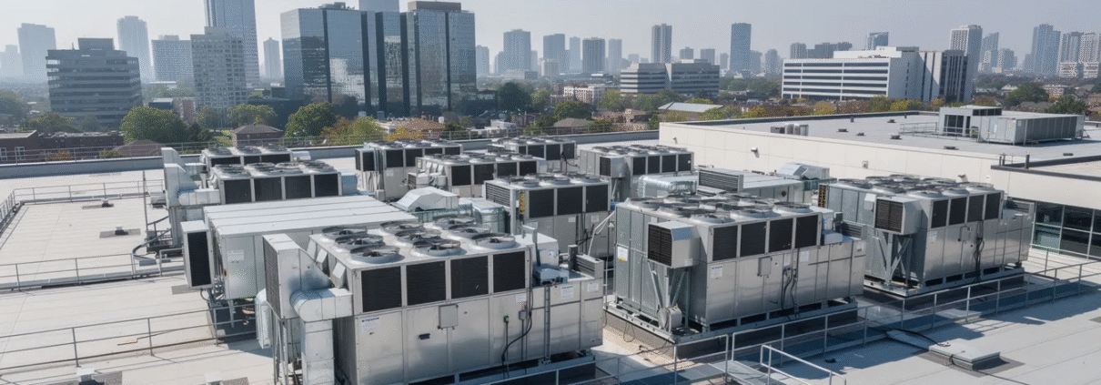The image shows multiple commercial rooftop HVAC units positioned atop a large office building, with a bustling city skyline in the background