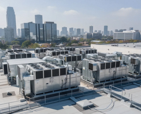 The image shows multiple commercial rooftop HVAC units positioned atop a large office building, with a bustling city skyline in the background